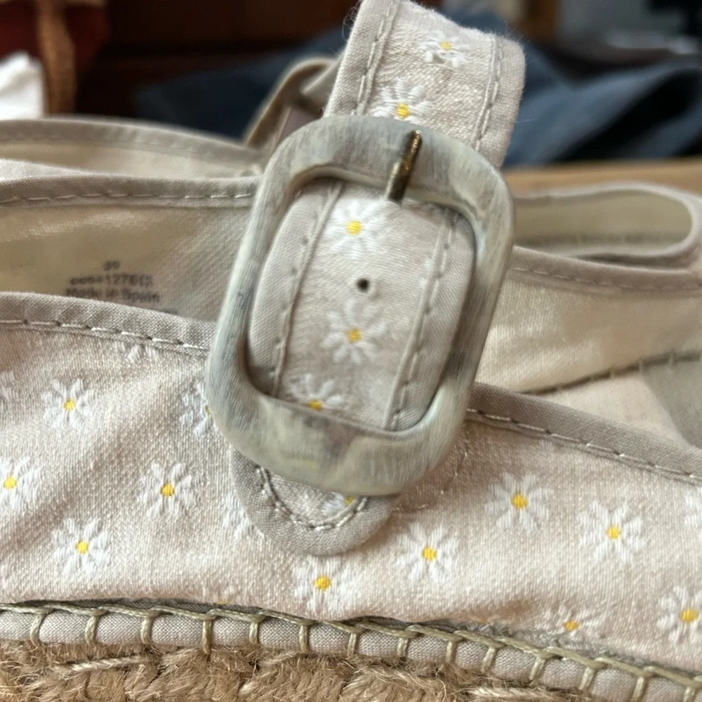Free People Cream Espadrille Mary Janes with White Floral Embroidery